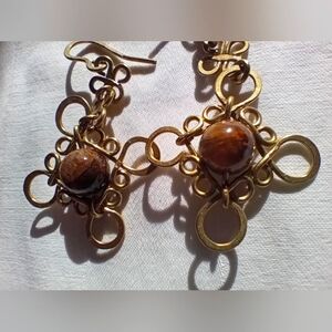 Handmade metal tiger's eye dangle earrings Mexican jewelry